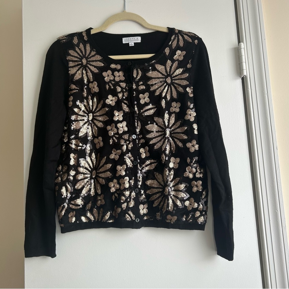 Women’s Sequin Sweater Black and Gold Metallic Long Sleeve Cardigan Size M